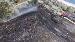 VIDEO- Incendiu de vegetație în Eforie Sud, aproape de plajă. Mai multe hectare au ars