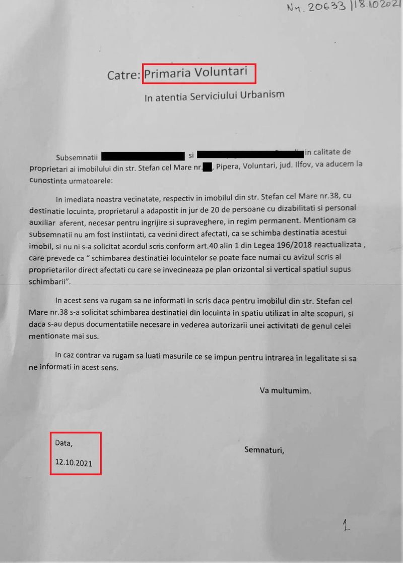  În 12 octombrie 2021, deranjați pe mai multe planuri de vecinătatea cu recent înființatul centru pentru persoane cu dizabilități, vecinii încep să petiționeze instituțiile statului. 