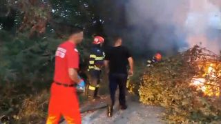 Mașină cuprinsă de flăcări, după ce s-a izbit de un copac, &icirc;n Satu-Mare. Doi bărbați rămași captivi au fost salvați de polițiști