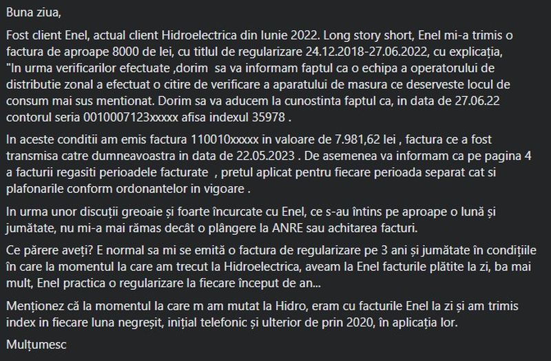 Postarea bărbatului care a primit o factură la energie de aproape 8000 de lei.