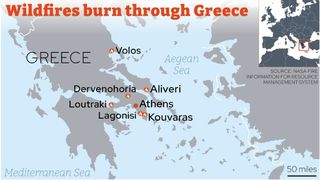 Harta cu zonele afectate de incendiile din Grecia.