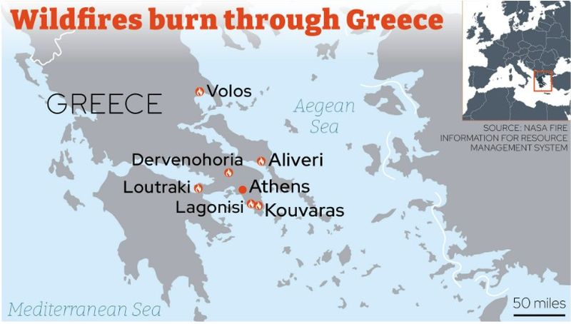 Harta cu zonele afectate de incendiile din Grecia.