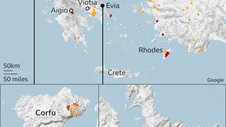 Incendii Grecia 2023. Harta focurilor din Corfu și Evia