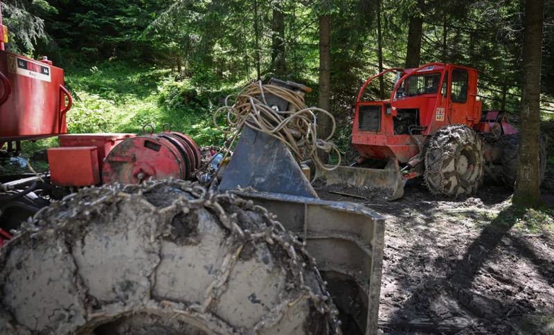 Tractoare articulate de exploatare forestieră folosite pentru a manipula trunchiurile de copaci de pe pantele abrupte ale pădurii.