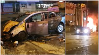 VIDEO - Accident grav în Ploiești. Doi tineri au murit, după ce mașina în care se aflau s-a izbit de un stâlp și a luat foc