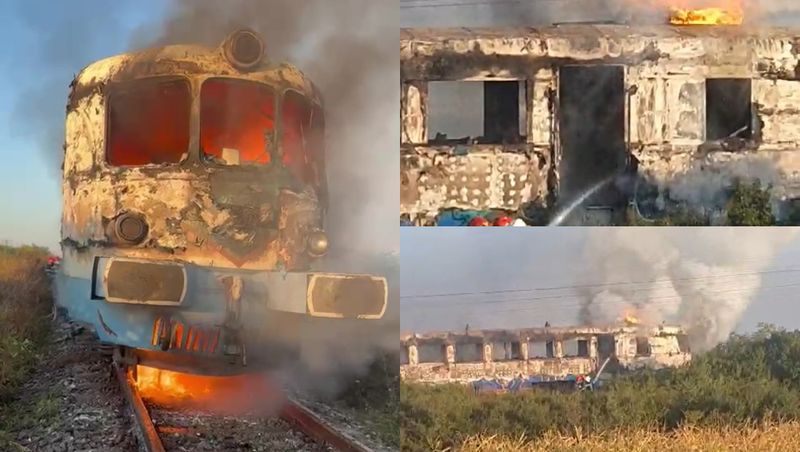 VIDEO- Un tren de călători a luat foc în Bihor. Pasagerii au ieșit singuri din vagoane