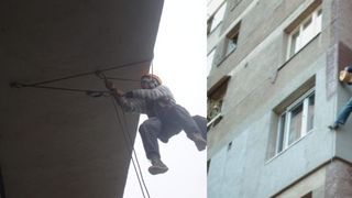 VIDEO- O pensionară a pus în pericol viața unui aplinist utilitar. Putea să cadă de la etajul al 11-lea