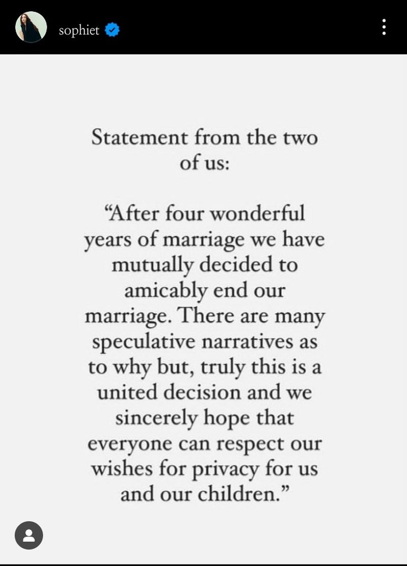 Un nou divorț în lumea artiștilor. Joe Jonas și Sophie Turner divorțează după 4 ani de mariaj.