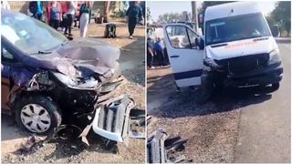 VIDEO - Accident rutier &icirc;ntre un microbuz cu copii și un autoturism, pe DN 54. Trei copii au fost răniți. A fost activat Planul Roșu de Intervenție