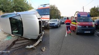 Autoturism răsturnat pe șoseaua din comuna Bunești, județul Suceava. Trei persoane au fost duse la spital