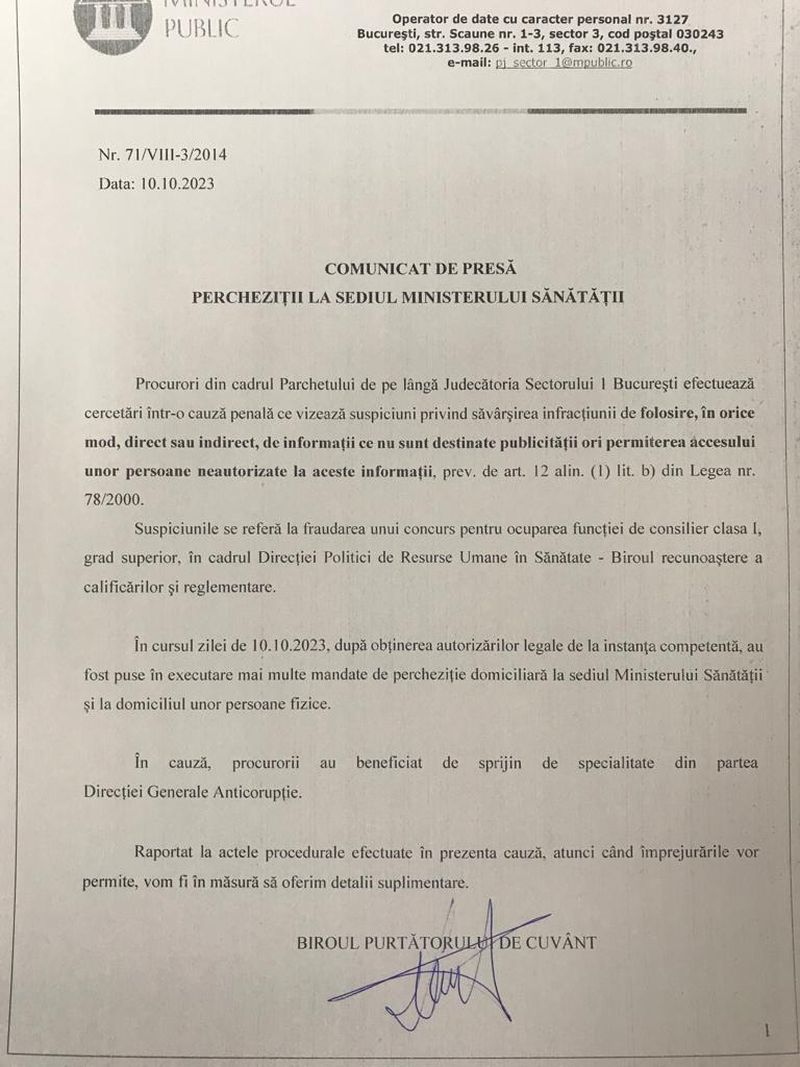 Se fac percheziții la Ministerul Sănătății într-un dosar privind fraudarea unui concurs