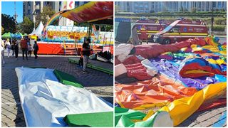 VIDEO. Patru copii răniți după ce v&acirc;ntul a luat pe sus un tobogan gonflabil din Piața Constituției