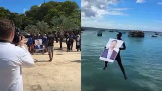 VIDEO - Bărbați africani, filmați &icirc;n timp ce sar &icirc;n apă cu portretele lui Klaus și Carmen Iohannis, &icirc;n timp ce strigă &bdquo;President Iohannis, hakuna matata!&rdquo;