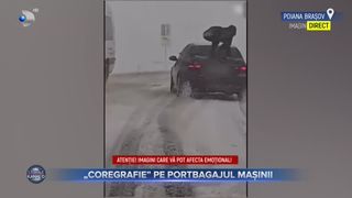 VIDEO - Scene incredibile &icirc;n Vaslui. T&acirc;năr filmat pe portbagajul unei mașini care patina pe un drum cu zăpadă