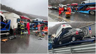 FOTO- Accident rutier grav, pe Valea Oltului. Două autocamioane au intrat în coliziune frontală