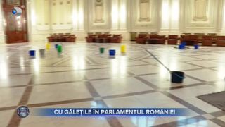 VIDEO - Festivalul găleților la Parlament. Apa a &icirc;nceput să curgă din tavan