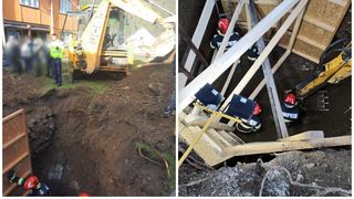 buldoexacavator groapa de pamant pompieri in timp ce cauta sub pamant