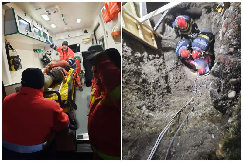 cxadre medicale in ambulanta barbat scos de sub pamant pompieri barbat pe targa