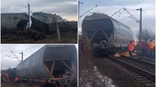 VIDEO- 11 vagoane &icirc;ncărcate cu cereale au deraiat peste macaze, aproape de Craiova. Traficul feroviar este blocat