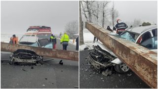 Mașină aflată &icirc;n mers, strivită de un limitator de &icirc;nălțime căzut pe DN6. Tragedie pentru o familie din Olt