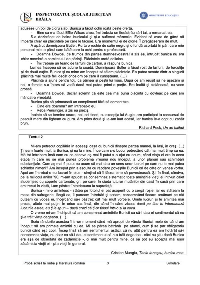 simulare evaluare nationala limba romana model braila