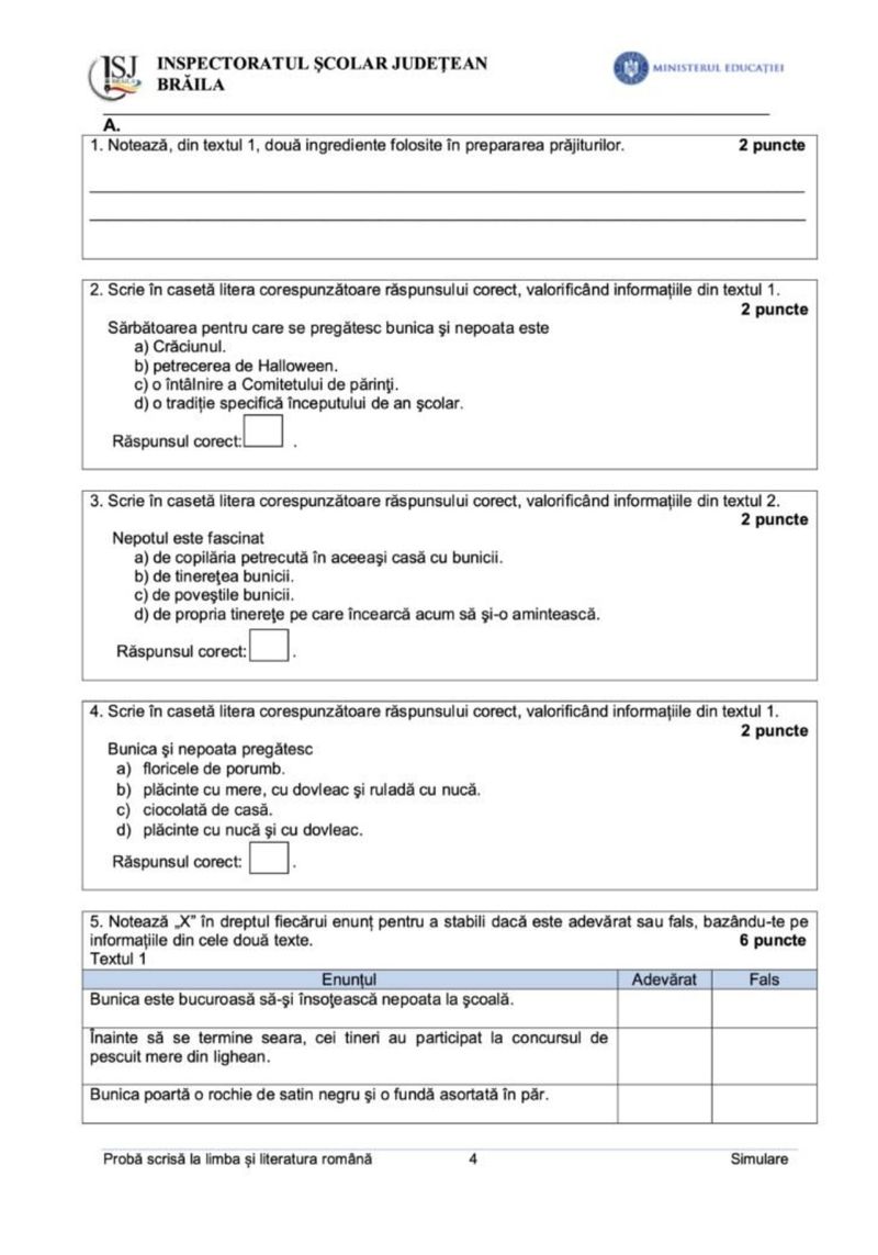 simulare evaluare nationala limba romana model braila