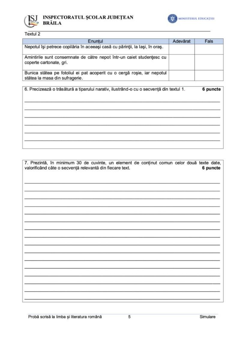 simulare evaluare nationala limba romana model braila