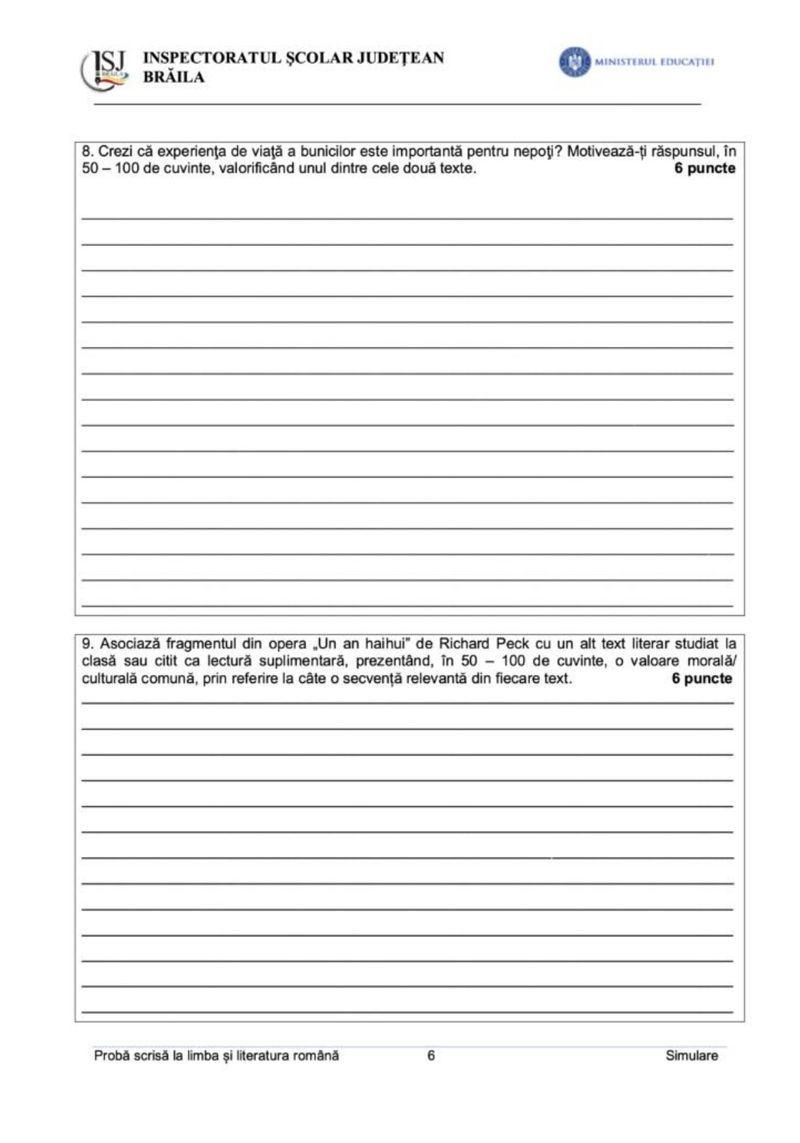 simulare evaluare nationala limba romana model braila