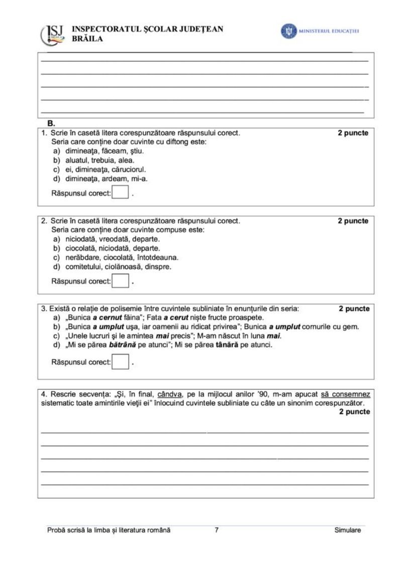 simulare evaluare nationala limba romana model braila