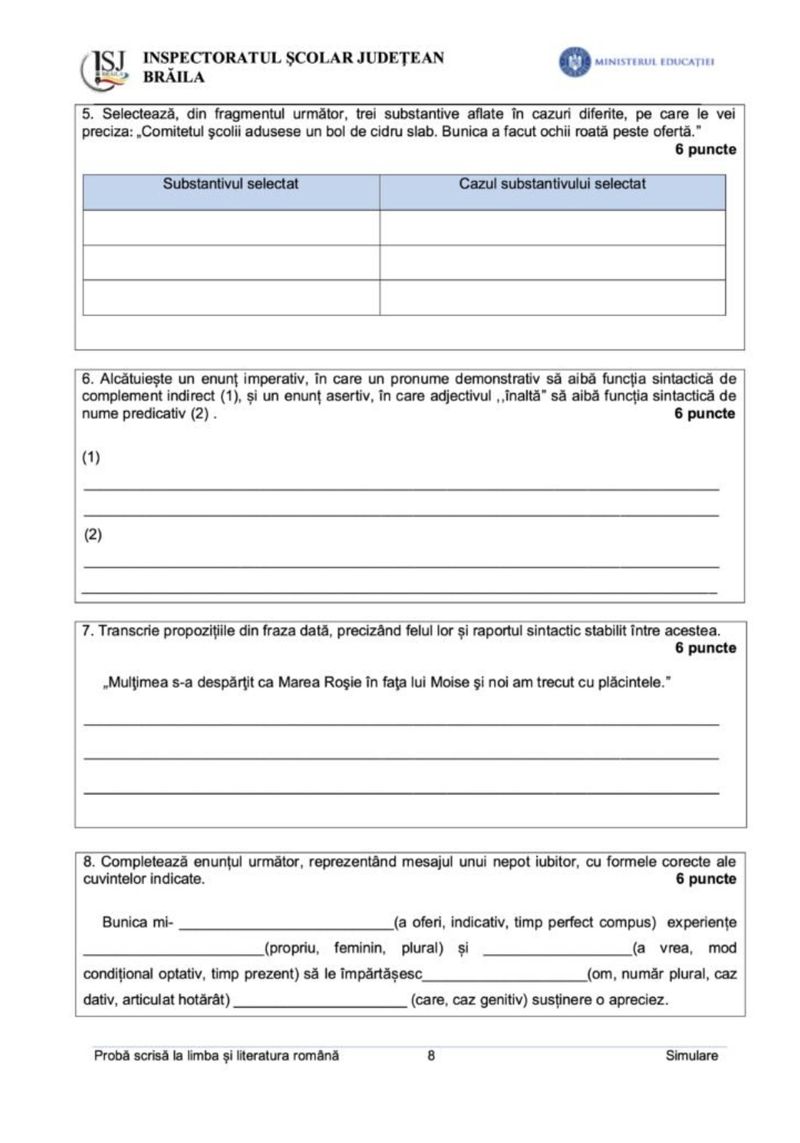 simulare evaluare nationala limba romana model braila