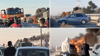 Mașină &icirc;n flăcări pe podul de peste centură, spre comuna Berceni