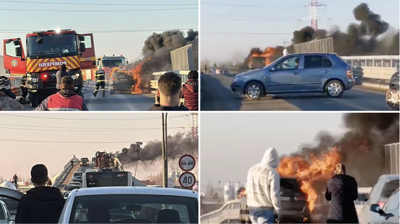 Mașină în flăcări pe podul de peste centură, spre comuna Berceni