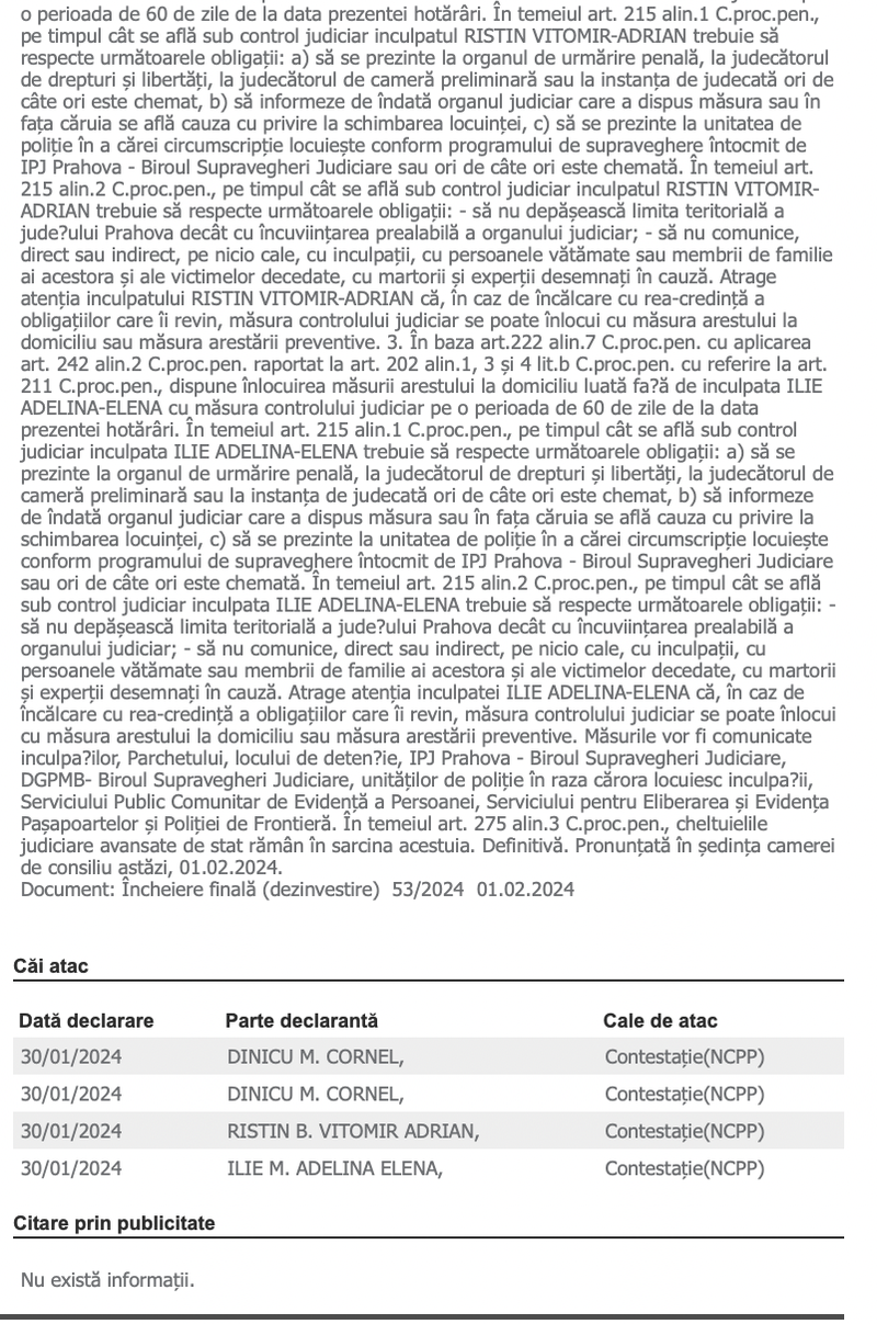 Cornel Dinicu, eliberat din penitenciar și dus în arest la domiciliu.