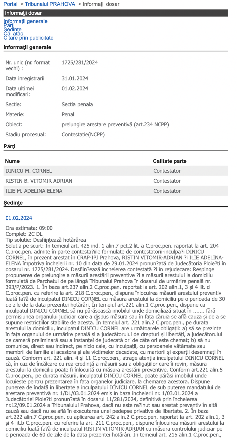 Cornel Dinicu, eliberat din penitenciar și dus în arest la domiciliu.