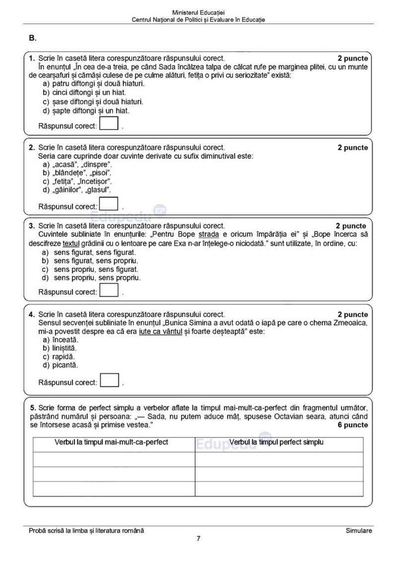 Subiecte simulare Română 2024 Evaluare Națională 