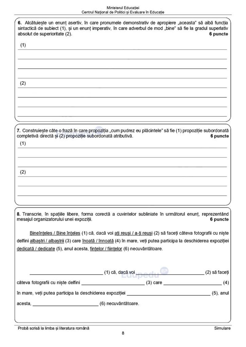Subiecte simulare Română 2024 Evaluare Națională 