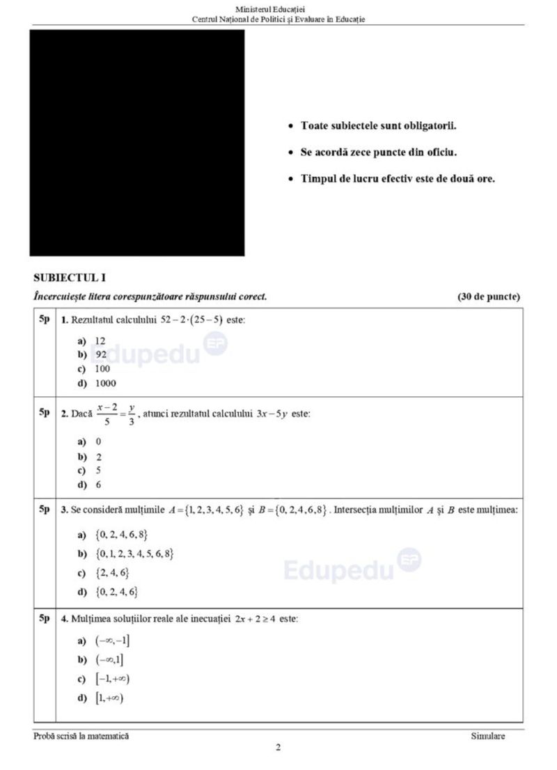 Subiecte matematică simulare Evaluare Națională 2024