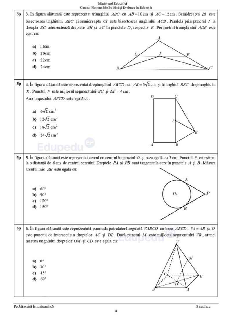 Subiecte matematică simulare Evaluare Națională 2024