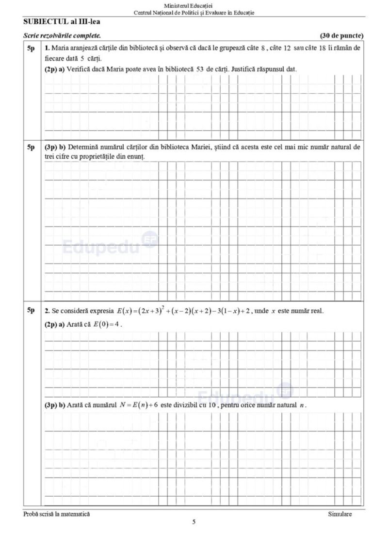 Subiecte matematică simulare Evaluare Națională 2024