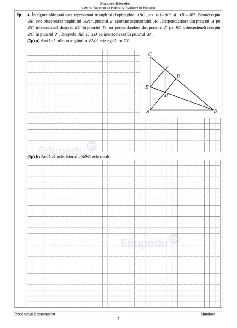 Subiecte matematică simulare Evaluare Națională 2024
