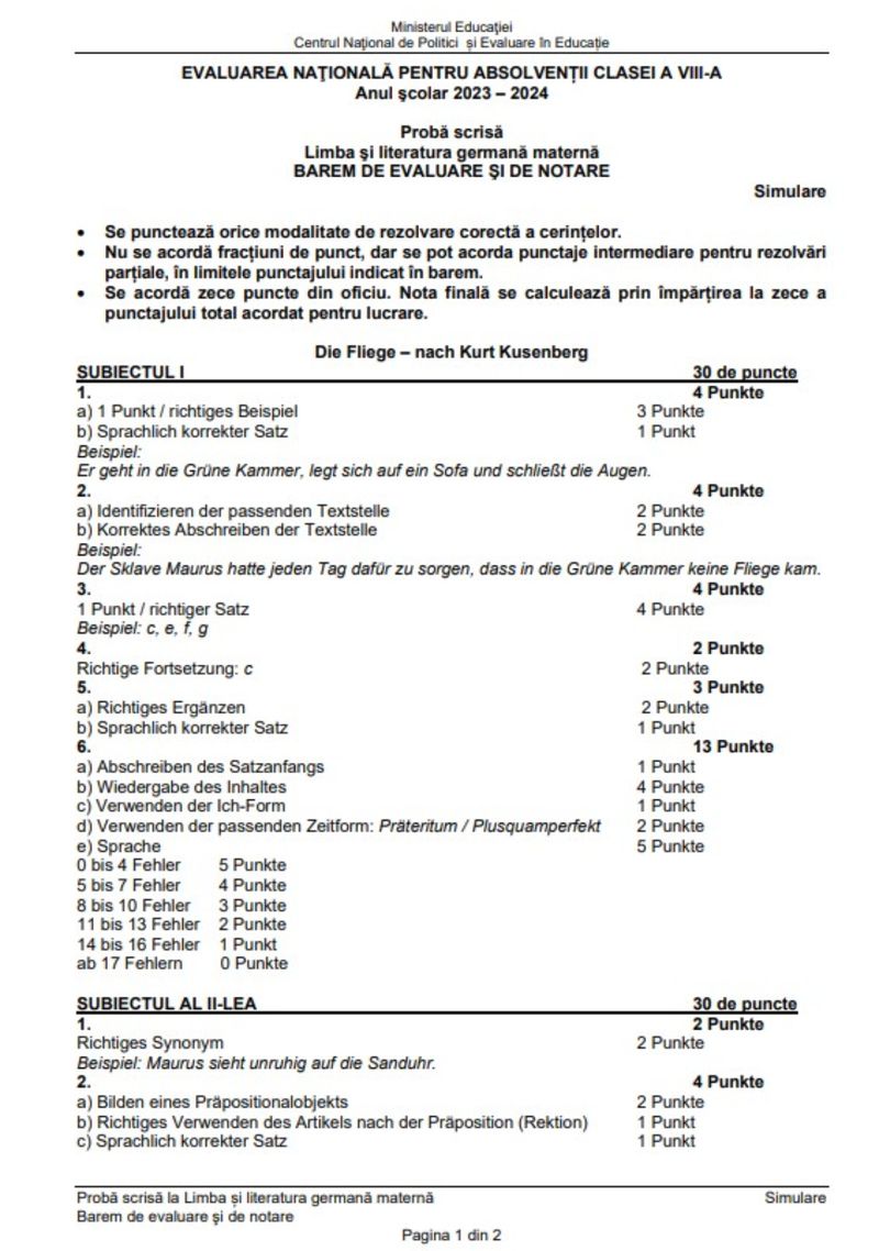 Barem Limba Maternă simulare Evaluare Națională 2024 limba germana