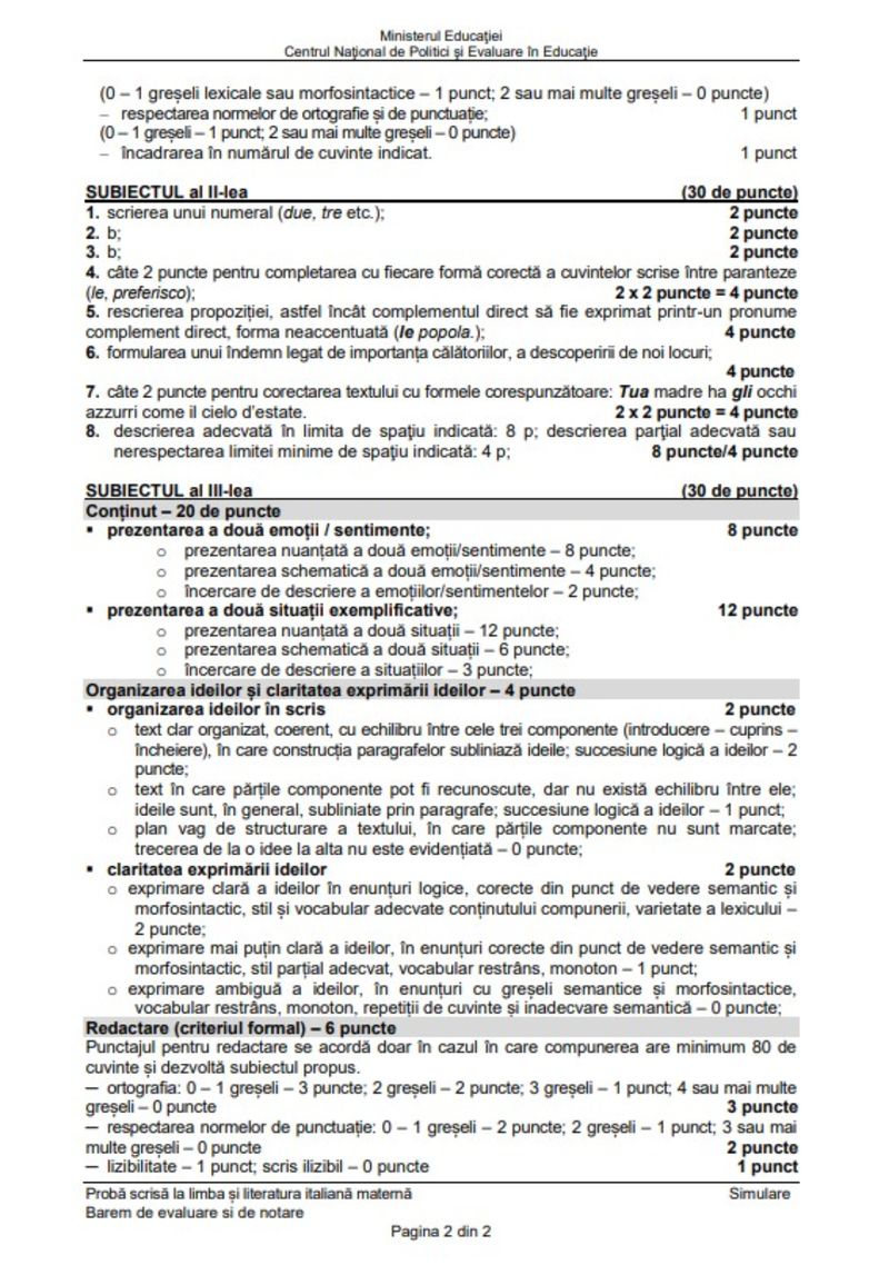 Barem Limba Maternă simulare Evaluare Națională 2024 limba italiana