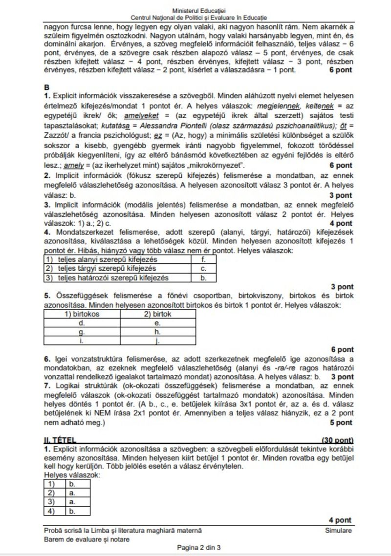 Barem Limba Maternă simulare Evaluare Națională 2024 limba maghiara