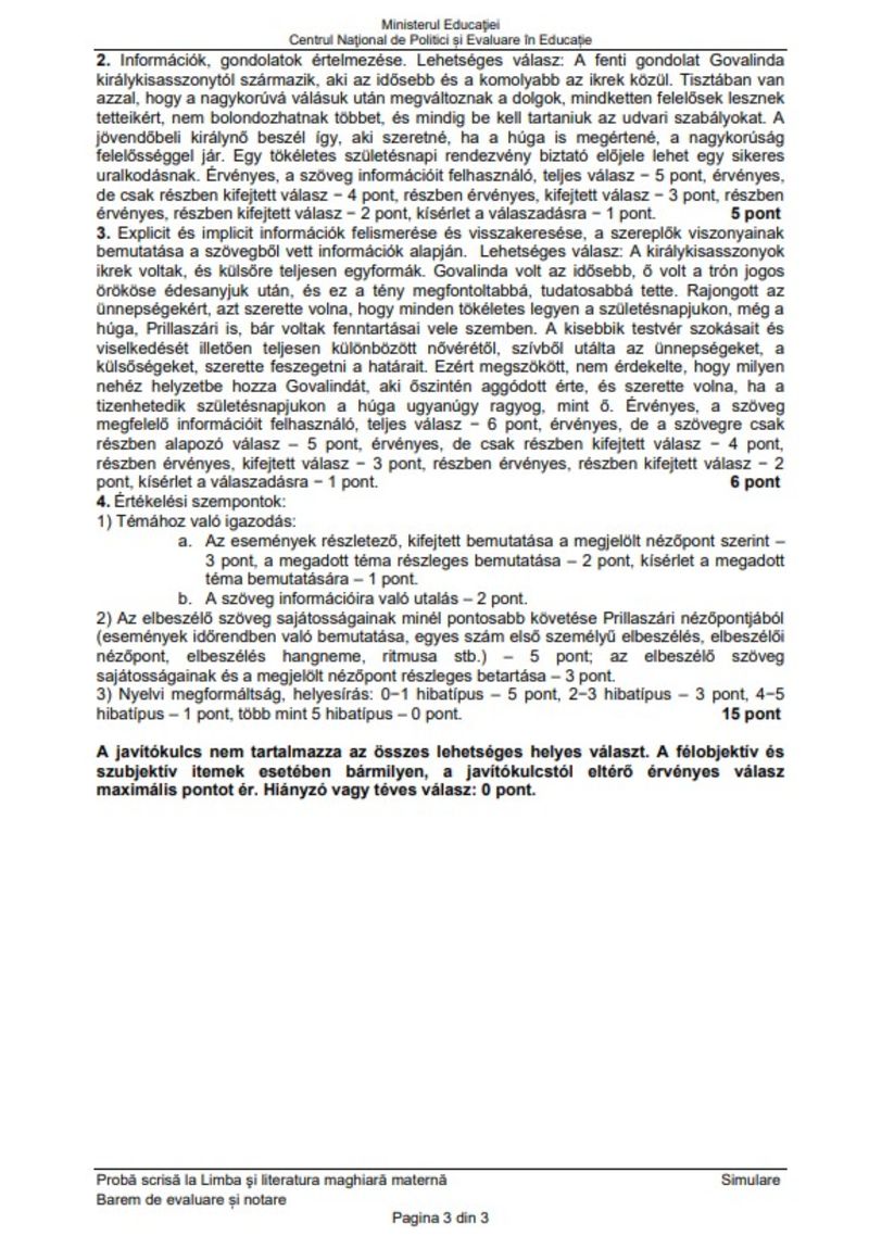 Barem Limba Maternă simulare Evaluare Națională 2024 limba maghiara