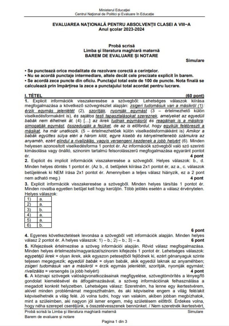 Barem Limba Maternă simulare Evaluare Națională 2024 limba maghiară