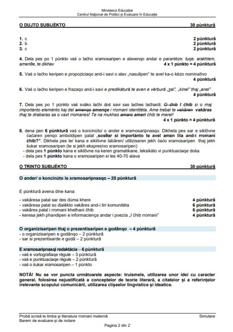 Barem Limba Maternă simulare Evaluare Națională 2024 limba rromani