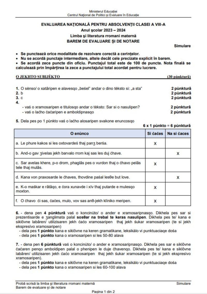 Barem Limba Maternă simulare Evaluare Națională 2024 limba rromani