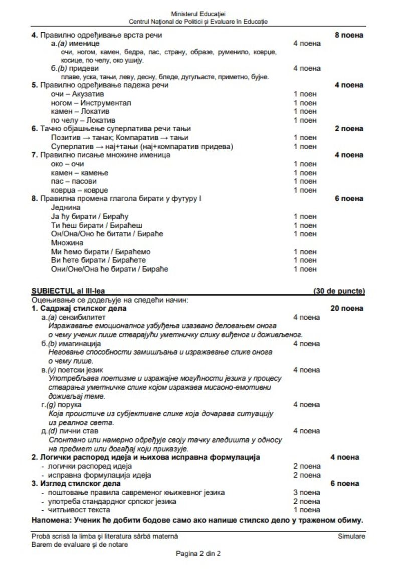 Barem Limba Maternă simulare Evaluare Națională 2024 limba sarba
