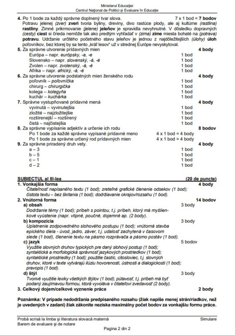 Barem Limba Maternă simulare Evaluare Națională 2024 limba slovaca