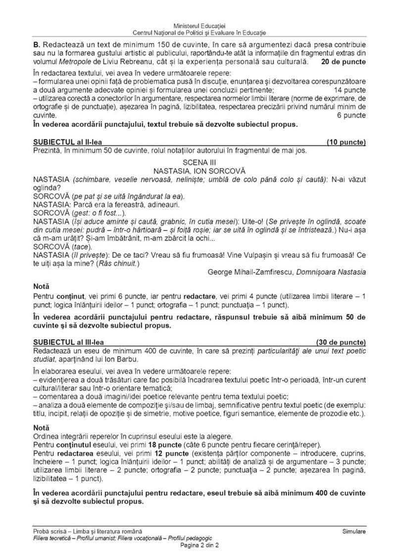 subiecte romana simulare bac 2024 - profil uman